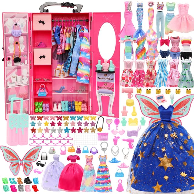 Miunana Kleiderschrank 101 Puppen Kleidung Zubehör Schrank Kleider Zubehör Schuhe Kleiderbügel Halsketten Kronen Tasche Accessoires für 11,5 Zoll Puppen Kleiderschrank Set