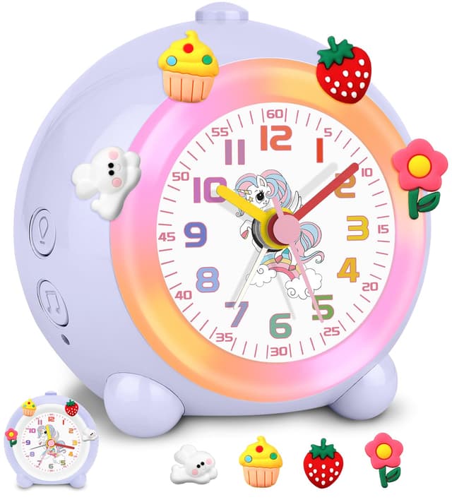 SOCICO Analoger Kinder Wecker, Einhorn Design, Lautlos, Ohne Ticken Niedlicher Pfirsich Wecker, mit Buntem Licht, Einstellbare Lautstärke (Blasslila)