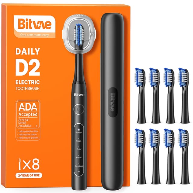 Bitvae D2 Elektrische Zahnbürste für Erwachsene und Kinder, Reise-Elektrische Zahnbürste Wiederaufladbar mit 8 Zahnbürstenköpfen und 5 Modi, Intelligenter Timer, Zahnbürstenhalter, Schwarz Schwarz 1 stück (1er Pack)
