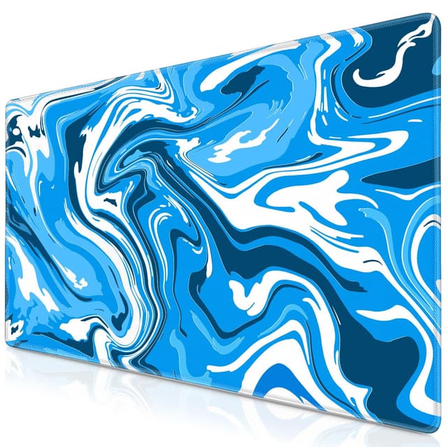 Abetcabe Gaming Mauspad XXL, Mousepad 900 x 500 x 3mm, Fluid Art Mauspad groß Vernähte Kanten WassXerdicht Anti-Rutsch für PC, Laptop Verbessert Präzision und Geschwindigkei 900x500mm Blau-Weiß Fluid
