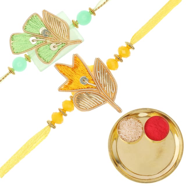 Brass Thali Plate Platter with Bhai Bhabhi Rakhi Bracelet Thread Dora Pack Set of 2 Rakhi for Brother Brass Puja Thali with for Brother Sister Raksha Bandhan Gift Set Pooja Rituals(Plate Size:- 5") Set of 2 - 3