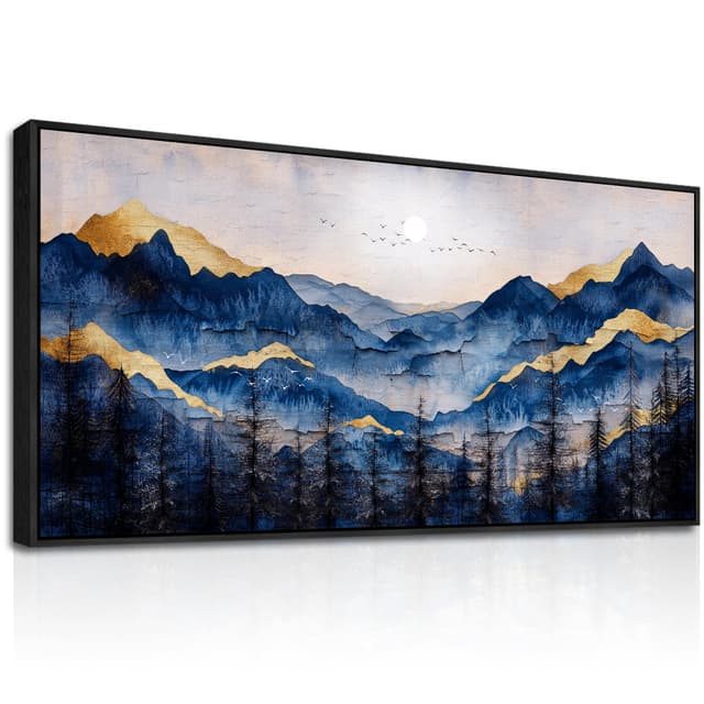 hyidecorart Blaue Goldene Berge Leinwand Bild mit Rahmen Schwarz, 60x120 cm XXL Wandbilder Wohnzimmer Modern Bilder, Landschaft Wanddeko Aesthetic Schlafzimmer Badezimmer Kunst Büro Zimmer Esszimmer Blaue goldene Berge-Rahmen Schwarz 60cm x 120cm