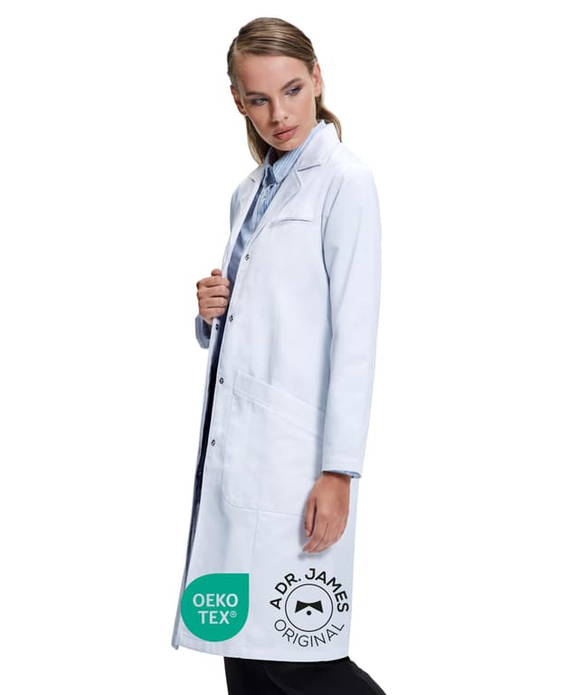 Dr. James Premium Laborkittel für Damen, multiple Taschen, klassische Passform, verdeckter Druckknopfverschluss