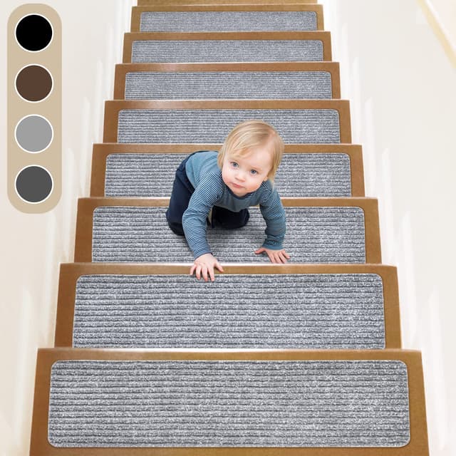 ToStair Stufenmatten, 76cmx20cm(15 stück) Anti-Rutsch Treppen Treppenstufen für Holzstufen, Stufenschutz Stufenteppich Innenbereich für Kinder Ältere und Hunde,Hellgrau Hellgrau 20cmx76cm