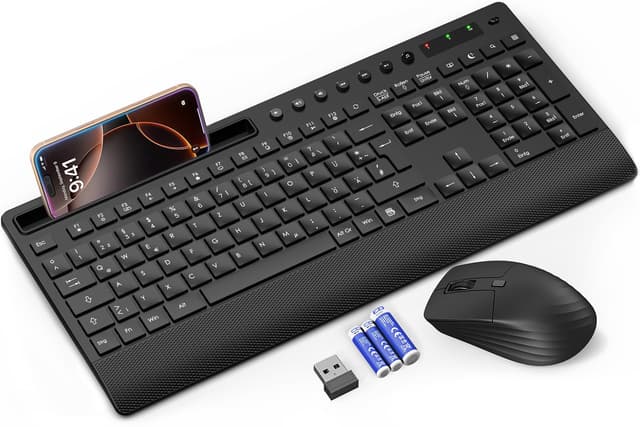 Tastatur Maus Set Kabellos, Leise 2,4 GHz Tastatur in voller Größe mit Handballenauflage, Telefonhalter, Multimediatasten, Kabelloses Set für Windows, Chrome OS, PC, Laptop (Batterien) - QWERTZ Layout