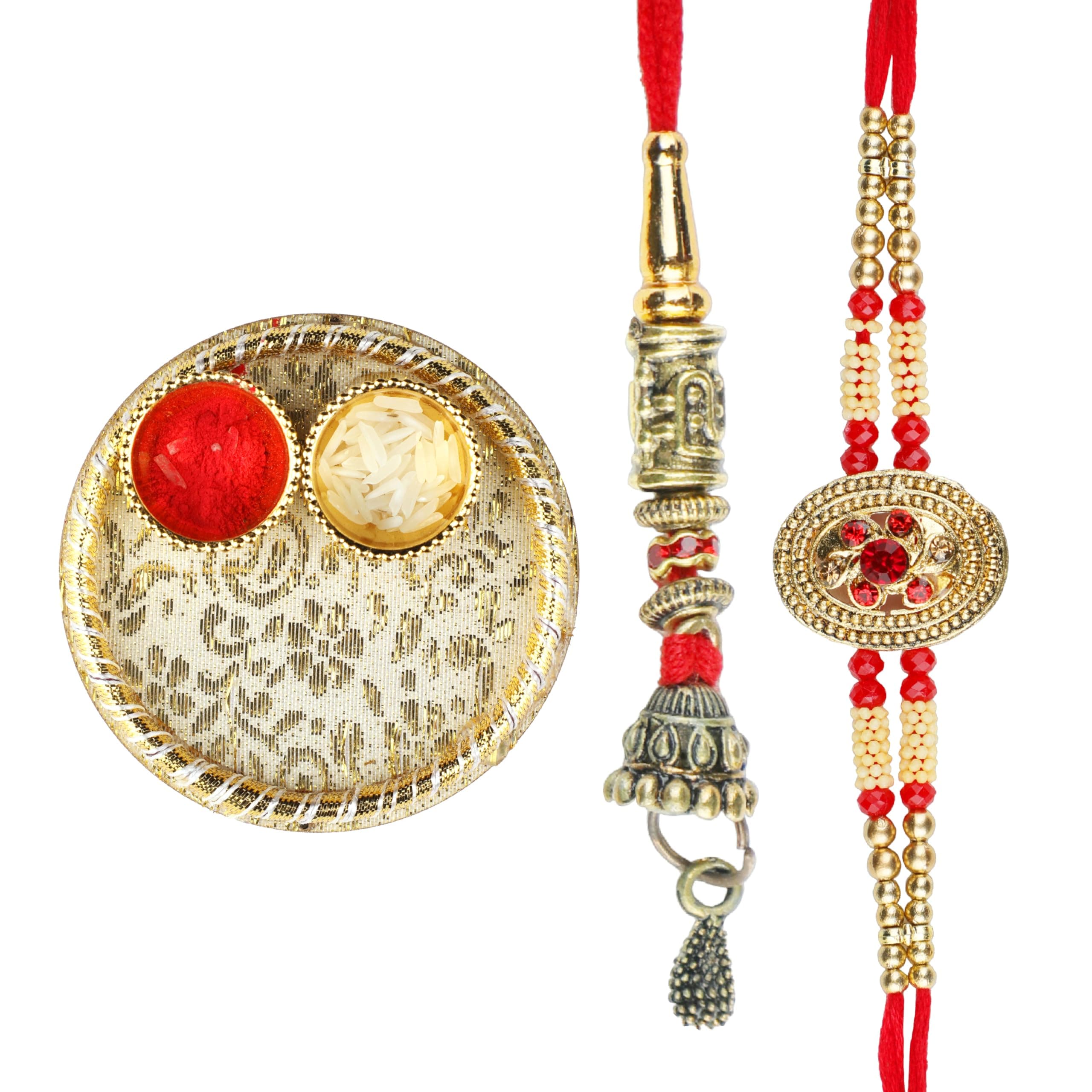 Rakhi Lumba set For Brother and Bhabhi Rakhi for Bhai Bhaiya pack of 2 Couple Rakhi Thread Bracelet Pair Dora Raksha Bandhan gift with Golden Tilak Holder Kumkum Platter for Traditional Festival Rakhi Rakhi with Tilak Platter