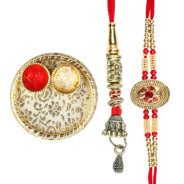 Rakhi Lumba set For Brother and Bhabhi Rakhi for Bhai Bhaiya pack of 2 Couple Rakhi Thread Bracelet Pair Dora Raksha Bandhan gift with Golden Tilak Holder Kumkum Platter for Traditional Festival Rakhi Rakhi with Tilak Platter