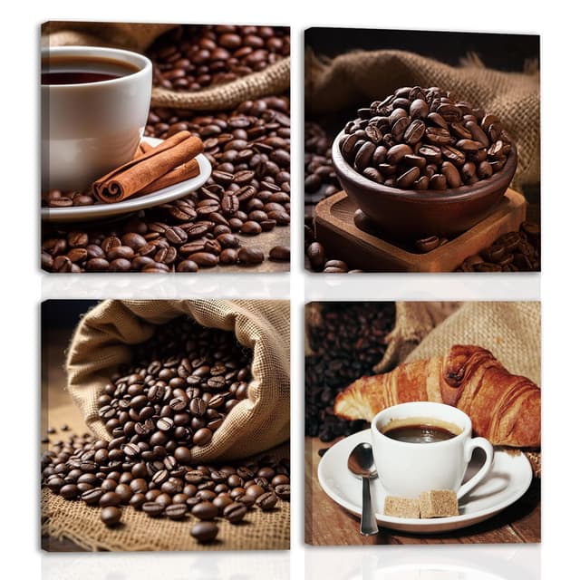 HPNIUB Gerahmte Kaffee Kunst Küche Blider, Vintage Cafe Bilder Kaffee Bar Dekor Esszimmer Kaffee Poster, moderne Kaffee Wand Dekor Für Cafe Esszimmer Küche Deko Set von 4(40x40cm) Kaffee 40*40CM