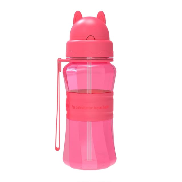 Sigdio Trinkflasche Kinder mit Strohhalm BPA frei Kinder Wasserflasche Auslaufsicher Sporttrinkflaschen mit Tragegurt (Rosa-Rot)