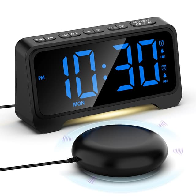 Wecker Extra Laut mit Bettschüttler, Vibrationswecker für Gehörlose Schlafzimmer Nachttisch, Großes Display mit Dimmer, Snooze, Wochenendmodus, Einstellbare Lautstärke & Helligkeit, Dual Alarm, DST Blau