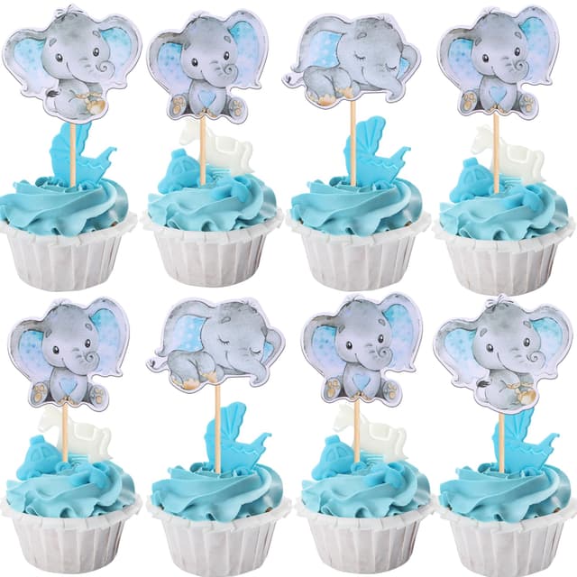 36 Stück Baby Elefant Cupcake Topper It's a Girl Elefanten Tortendeko Geburtstag Kuchendekoration für Elefanten Thema Geburtstag Gender Reveal Baby Shower Party Dekoendeko Blau