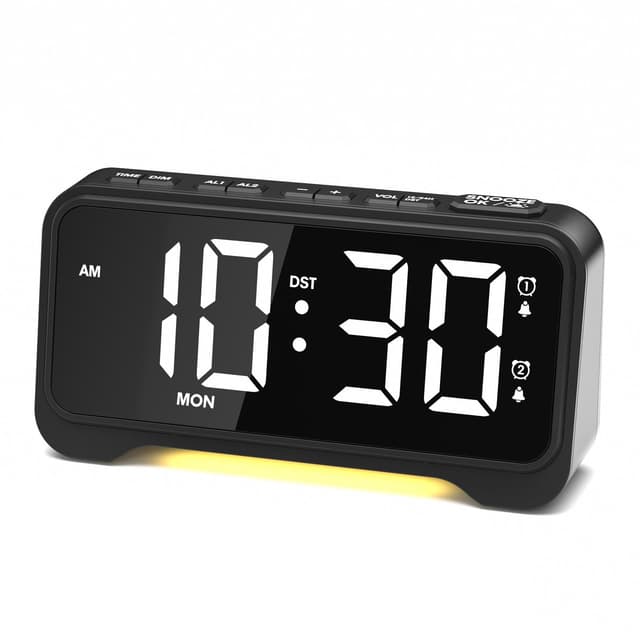 LED Wecker Digital mit Großen Zahlen, Wecker Laut mit Nachtlicht&Stromanschluss, Helligkeit und Lautstärke Regelbar, Dual Alarm, Nachttisch Uhr für Schlafzimmer, Office, Schreibtisch, 12/24H, Snooze Schwarz+ Weiße Ziffern