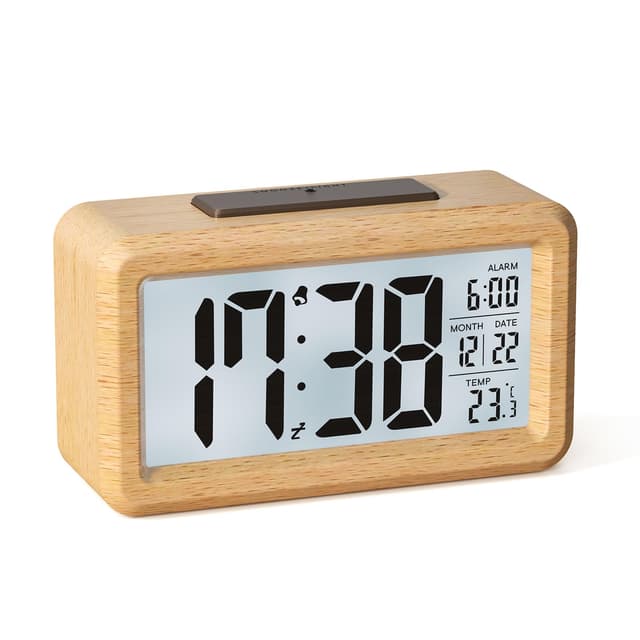 HERMIC Wecker Digital aus Holz mit Großem LCD-Display, Datum, Temperatur, Automatischem Lichtsensor, Snooze-Funktion, Batteriebetrieben (3 AAA-Batterien im Lieferumfang Enthalten) Eichefarbe