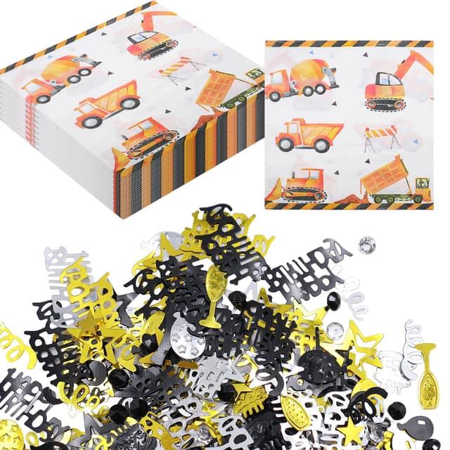 60 Stück Quadratisch Bagger Servietten, Servietten Baustelle 33x33CM mit Konfetti Geburtstag Tischdeko Bagger Servietten Kindergeburtstag für Jungen/Mädchen Geburtstag, Geburtstagsdeko, Tischdeko