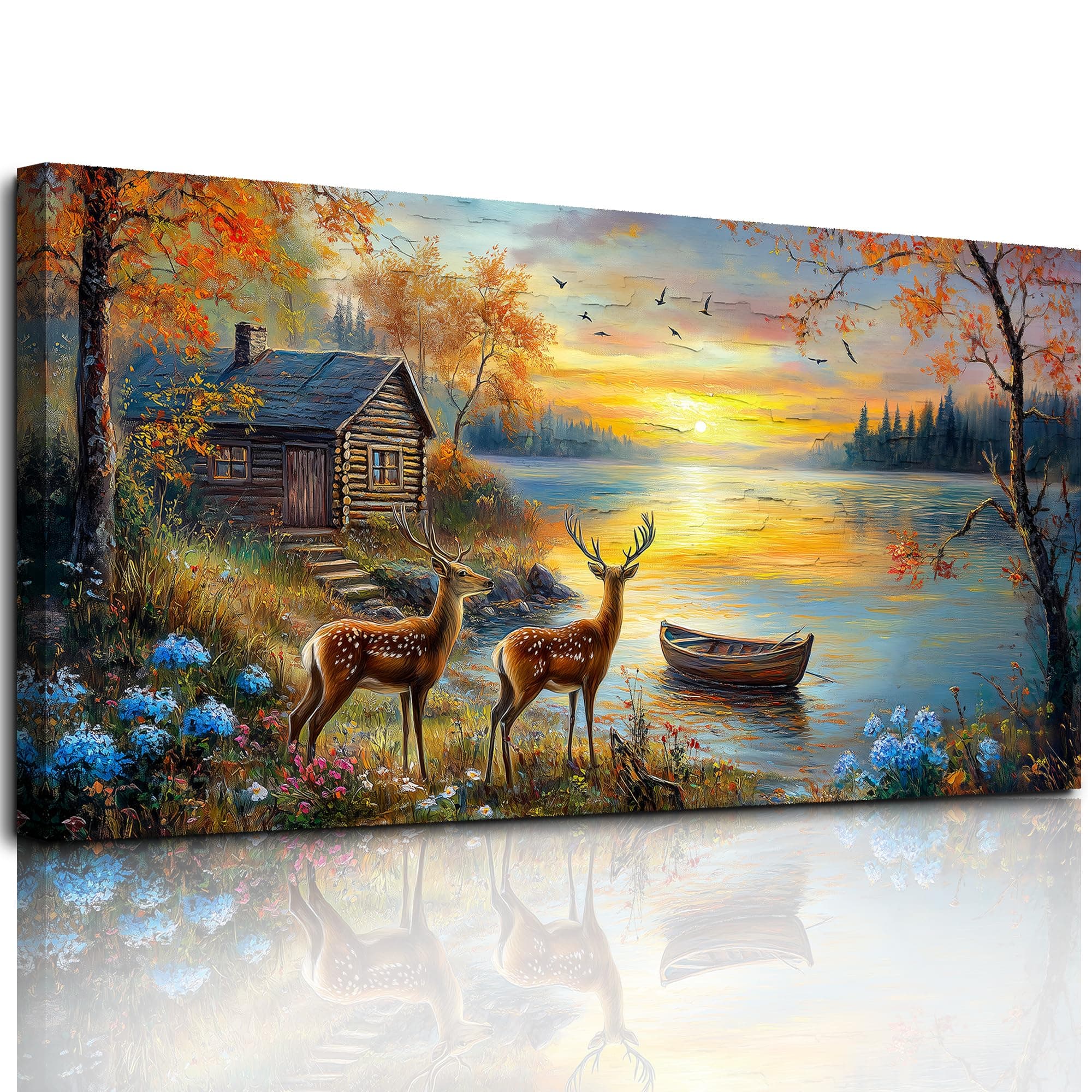 hyidecorart Elch am Fluss Wandbilder Wohnzimmer 59x119 cm XXL, Leinwand Bild Natur Landschaft, Modern Wanddeko Aesthetic Schlafzimmer Badezimmer Büro Zimmer Esszimmer Flur Küche Hirsch Sonnenuntergang 59cm x 119cm