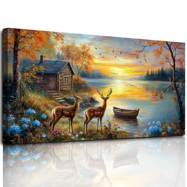 hyidecorart Elch am Fluss Wandbilder Wohnzimmer 59x119 cm XXL, Leinwand Bild Natur Landschaft, Modern Wanddeko Aesthetic Schlafzimmer Badezimmer Büro Zimmer Esszimmer Flur Küche Hirsch Sonnenuntergang 59cm x 119cm