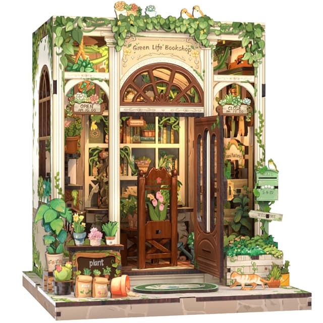 Cutefun Book Nook Kit, DIY Miniature Dollhouse Kit, 3D Wooden Puzzle Bookshelf with Led Light Decoraton for Teens and Adults (Green Life Bookshop)
