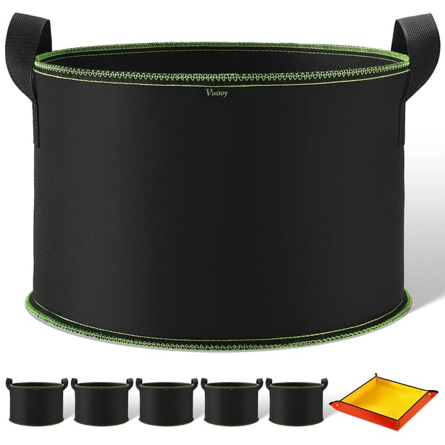 Vinitoy 5X 60L Pflanzsäcke mit Pflanzmatte, AtmungsaktivBeutel Pflanzsack mit Griffe für Kartoffeln, Tomaten, Stofftopf mit 100cm x 100cm Umtopfmatte für Balkon Terrasse Gewächshaus & Garten 5 x 15 Gallonen / 60L