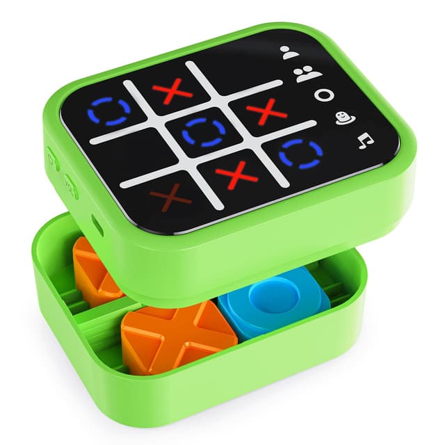 Anoawens Wiederaufladbare Tic Tac Toe Spiel Box mit 5 Spaß Gehirn und Gedächtnis Spiele, Kompakte Handheld Puzzle Spielkonsole, Tragbare Reise Spiel Altersgruppen 3+ (Grün)