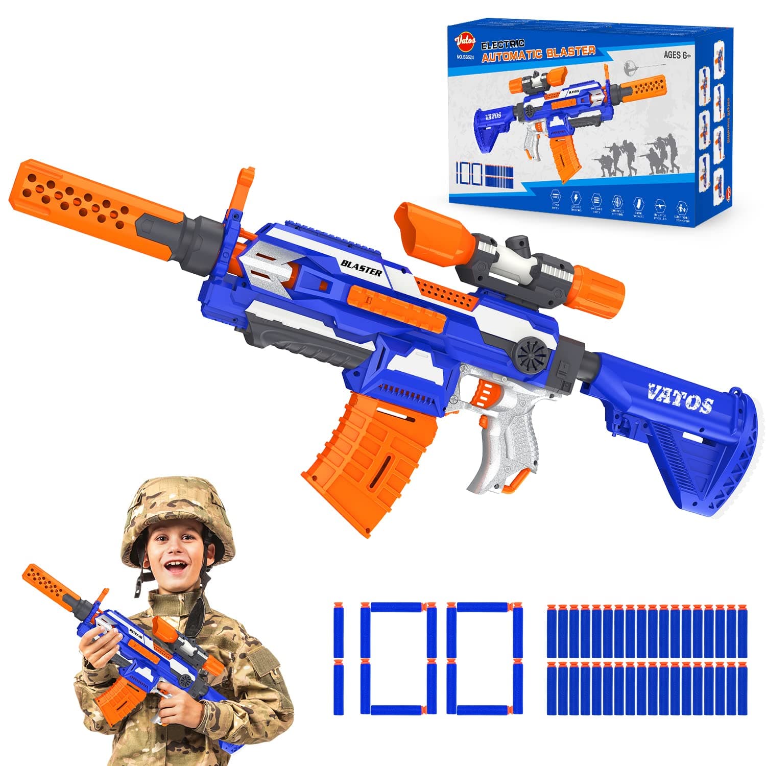 Elektrische Spielzeug Pistole für Kinder - VATOS Automatisch Blaster Gun Sniper 100 Darts mit Scope | Sniper Gewehr Einstellbare Hintere Auflage Geschenke für Jungen Mädchen 6-12 Jahre alt Kinder