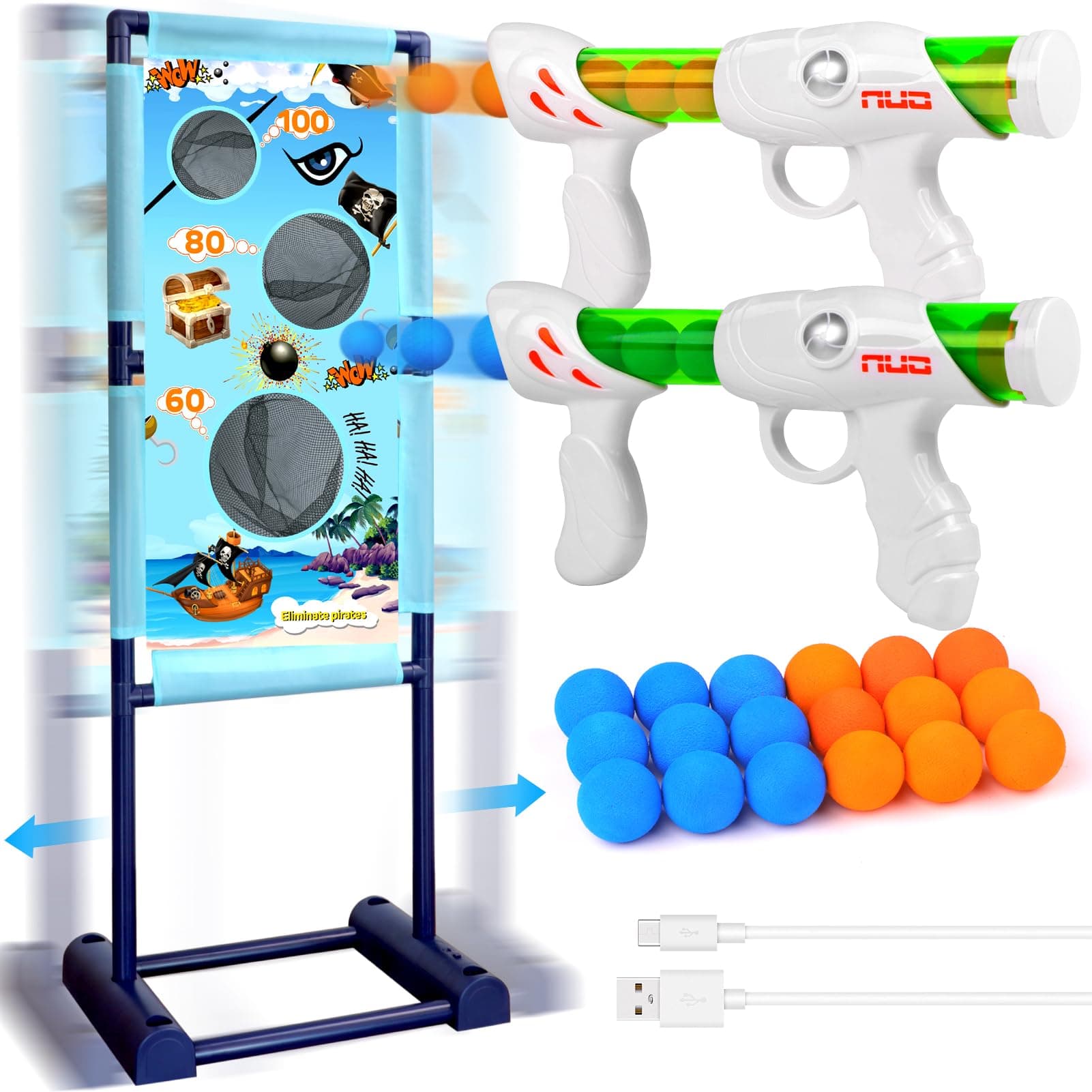 DX DA XIN Bewegliche Zielscheibe Set - Schießspiele für Kinder mit Bewegliches Ziel 2 Pcs Popper Pistole 18 Schaumball Spielzeug Kinder ab 5 6 7 8 9 Jahre Outdoor Spiele Geschenk für Junge Pirat