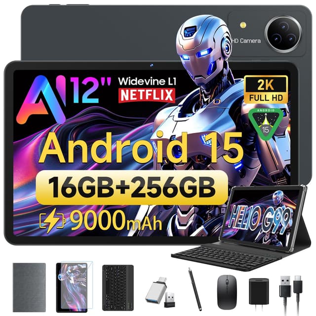 FEONAL Android 15 Tablet 12 Zoll 2K Display Helio G99 Gaming Tablet mit Tastatur/Stift/Maus, Gemini AI, 16(8+8) GB RAM+256GB ROM (2TB TF), 5G WiFi Tablets-PC, 21MP/9000mAh/Widevine L1/GPS/BT5 - Grau Gray