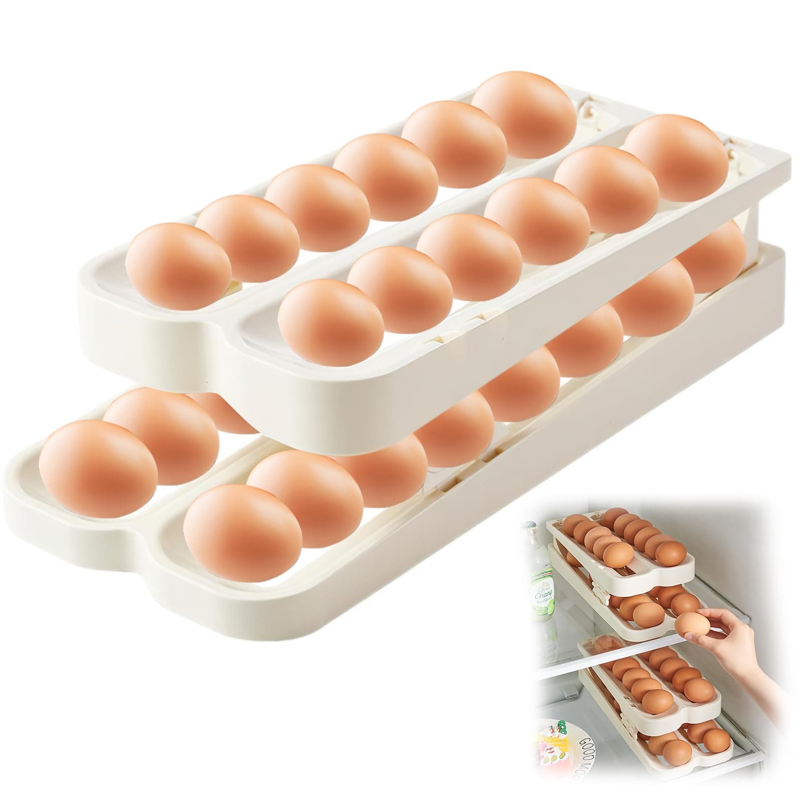 Eierhalter für Kühlschrank,2 Schichten Automatisch Rollender Eierbehälter, kühlschrank Organizer Eier,Stapelbarer Eier-Organizer für Lagerung von Eiern, Spart Platz (2 Reihen und 2 Etagen)