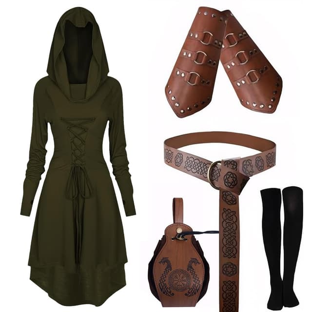 CNVAUIE Mittelalter Kleidung Kostüm Damen Set Mittelalterliches Kapuzenkleid Set Renaissance Kostüm Set mit Armschützern Gürtel Gürteltasche Strümpfe Zubehör