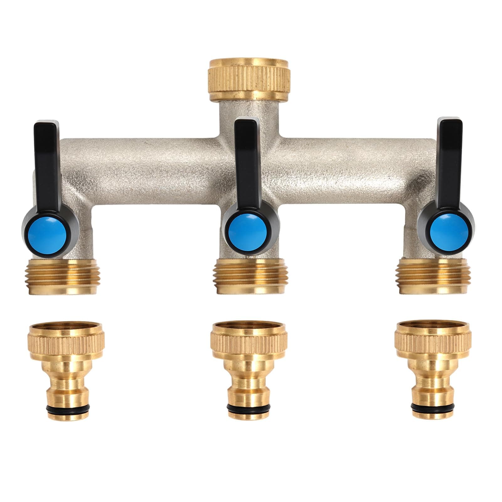 OPERMAXER 3-Wege Wasserhahn Wasserverteiler, Verlängerter Griff, 3/4 Zoll Messing Wasseranschluss Verteiler mit individuellem Absperrhähnen，3er Verteiler 3/4" Adapter 1/2" für Geräte/Gartenschläuche 3 Wege Verteiler - Verlängerter Griff