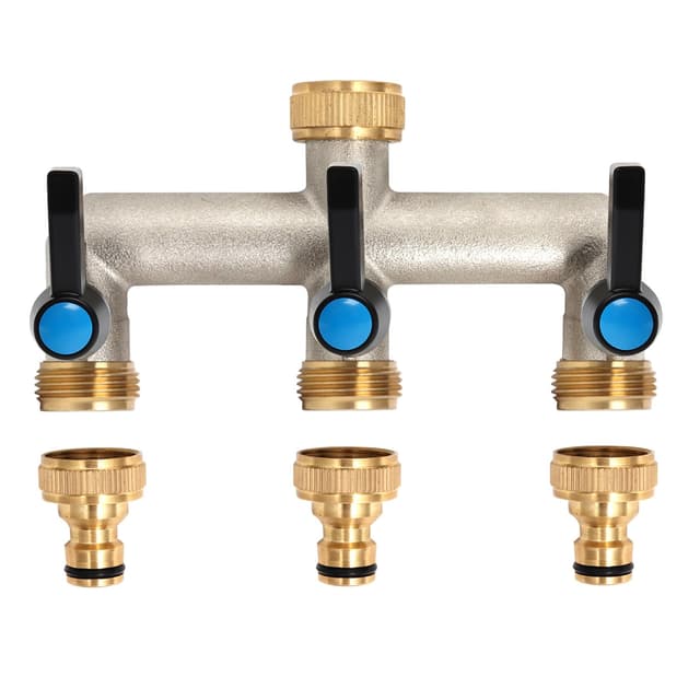 OPERMAXER 3-Wege Wasserhahn Wasserverteiler, Verlängerter Griff, 3/4 Zoll Messing Wasseranschluss Verteiler mit individuellem Absperrhähnen，3er Verteiler 3/4" Adapter 1/2" für Geräte/Gartenschläuche 3 Wege Verteiler - Verlängerter Griff