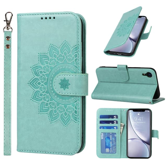 ELTEKER Handyhülle für iPhone XR, Hülle iPhone XR Klapphülle, [3 Kartenfächer] [Magnet Verschluss] Eleganter Prägung schutzhülle Ledertasche Hülle für iPhone XR, Grün iPhone XR Grün-A