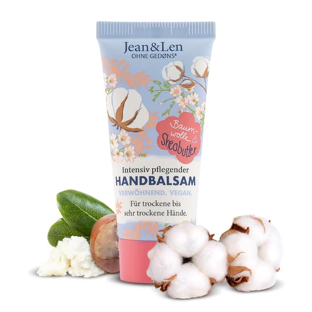 Jean & Len – Handbalsam Baumwolle & Sheabutter, Handpflege für trockene bis sehr trockene Hände, pflegt intensiv und ist dabei besonders mild, ohne Parabene & Silikone, vegan, Mini Handcreme, 20 ml 20 ml (1er Pack) Baumwolle/Sheabutter Mini