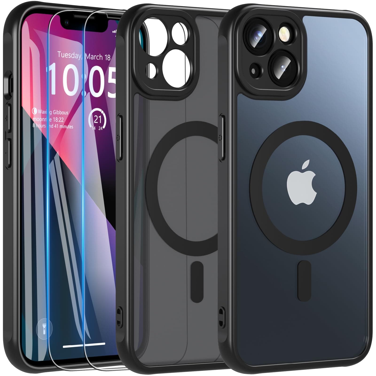 Hensinple für iPhone 13 Hülle für MagSafe [3 in 1] mit 2 Stück Panzer Schutz Glas, Magnetische Handyhülle Vollständiger Kameraschutz Stoßfest Matt Schutzhülle Case für iPhone 13 (Schwarz) iPhone 13 Schwarz-iPhone 13