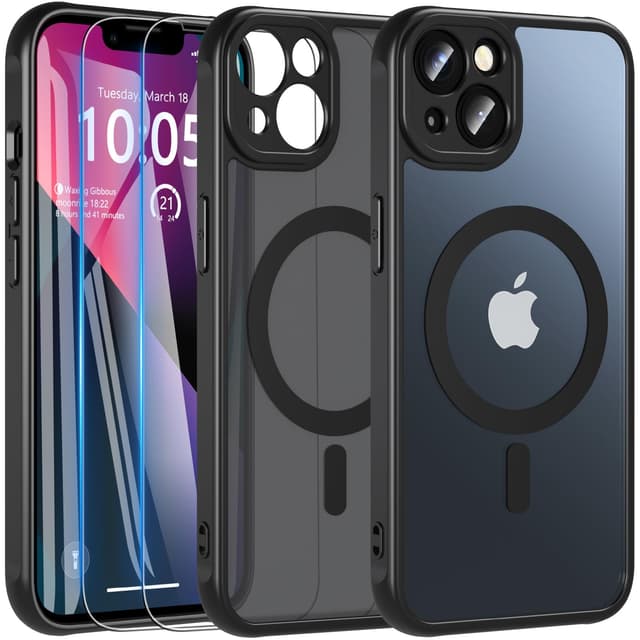 Hensinple für iPhone 13 Hülle für MagSafe [3 in 1] mit 2 Stück Panzer Schutz Glas, Magnetische Handyhülle Vollständiger Kameraschutz Stoßfest Matt Schutzhülle Case für iPhone 13 (Schwarz) iPhone 13 Schwarz-iPhone 13