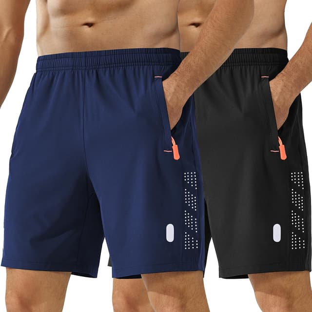 kuzwufs Herren Sporthose Kurze Atmungsaktive Gym Fitness Hosen Dry Fit Lauf Shorts Training Funktionsshorts Mit Reißverschlusstaschen 2er Pack Schwarz/Dunkelblau L