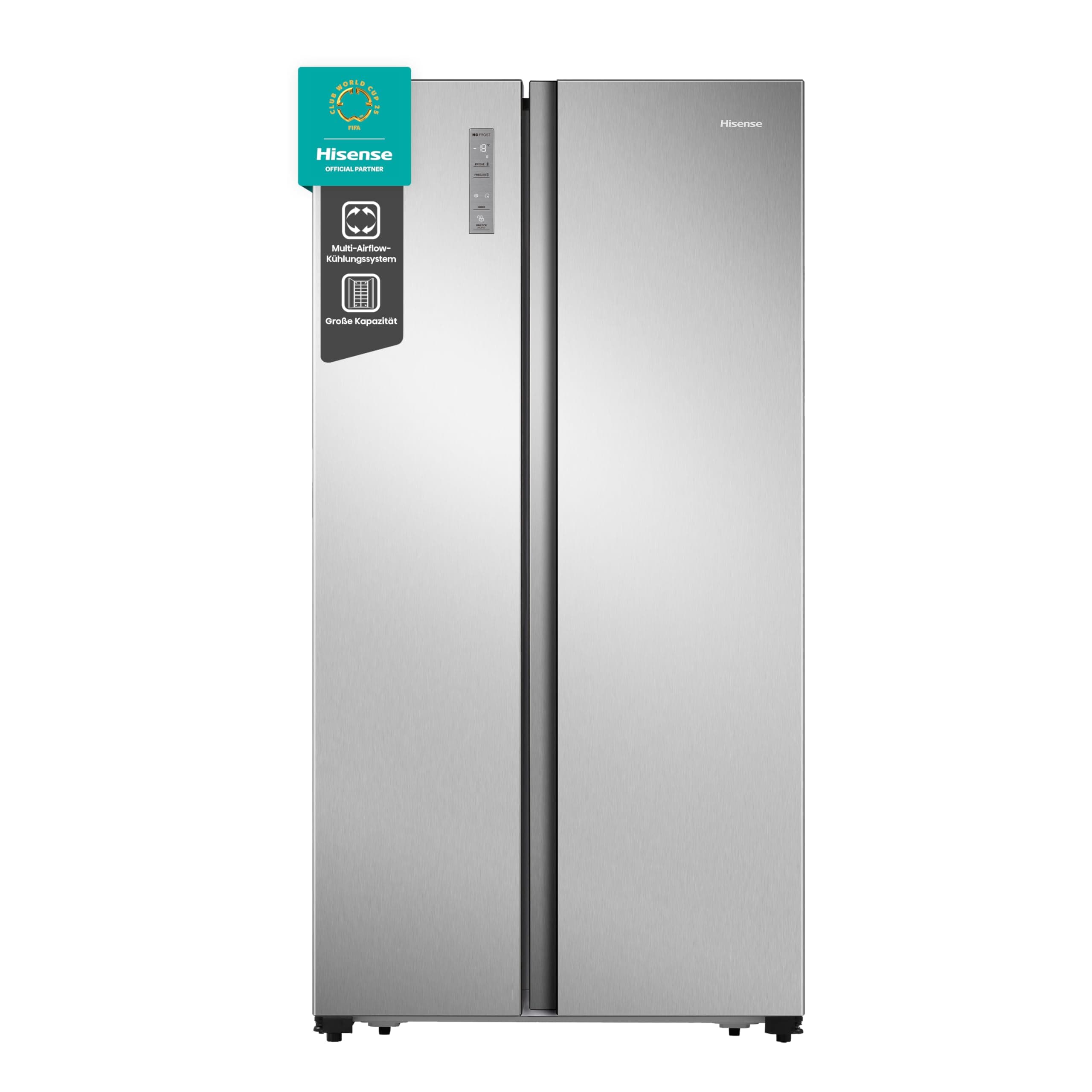 Hisense RS677N4ACC Side by Side Kühl-Gefrierkombination, 179cm, 519 Liter Gesamtkapazität, Multi Air Flow, LED Display, EEK: C, Electronic Touch Control, Inox Look Edelstahl Look C 519L Ohne Eiswürfelspender
