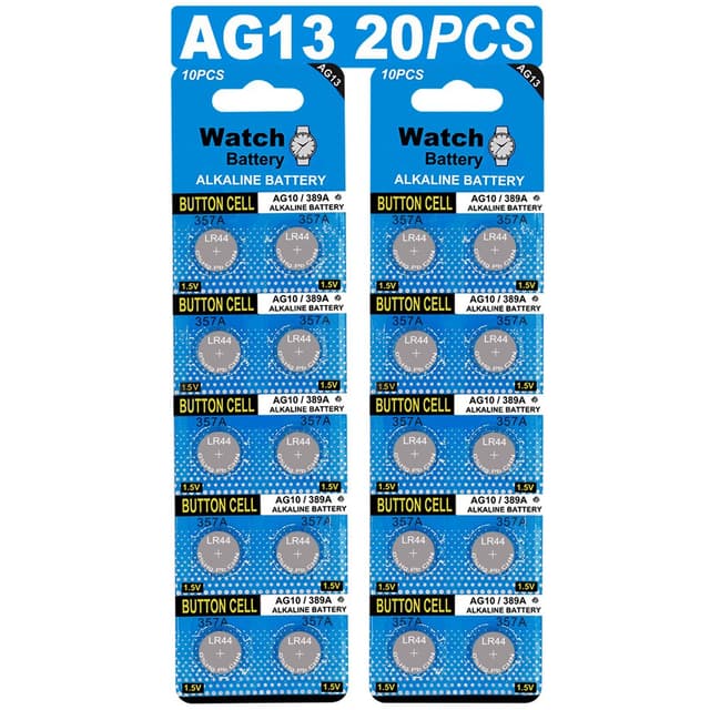 Pack of 20 AG13 LR44 1.5 V Alkaline Button Cell Batteries Without Mercury (357/357A/L1154/A76/GPA76)