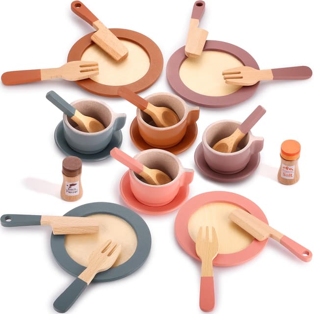 GAGAKU Geschirrset aus Holz Kinder Kinderküchen Spielküche Zubehör Küchenzubehör Kinder Holz - Macron Farbe 2_macron Farbe