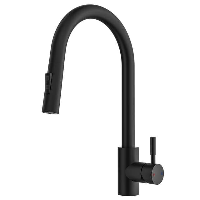 Rainsworth Schwarz Wasserhahn Küche mit Brause Ausziehbar - Hochdruck Küchenarmatur mit Zwei Wasserstrahlarten, Spültischarmatur 360° Drehung, Mischbatterie Küche aus Edelstahl Einfache Installation hohes Maß-56cm Schwarz