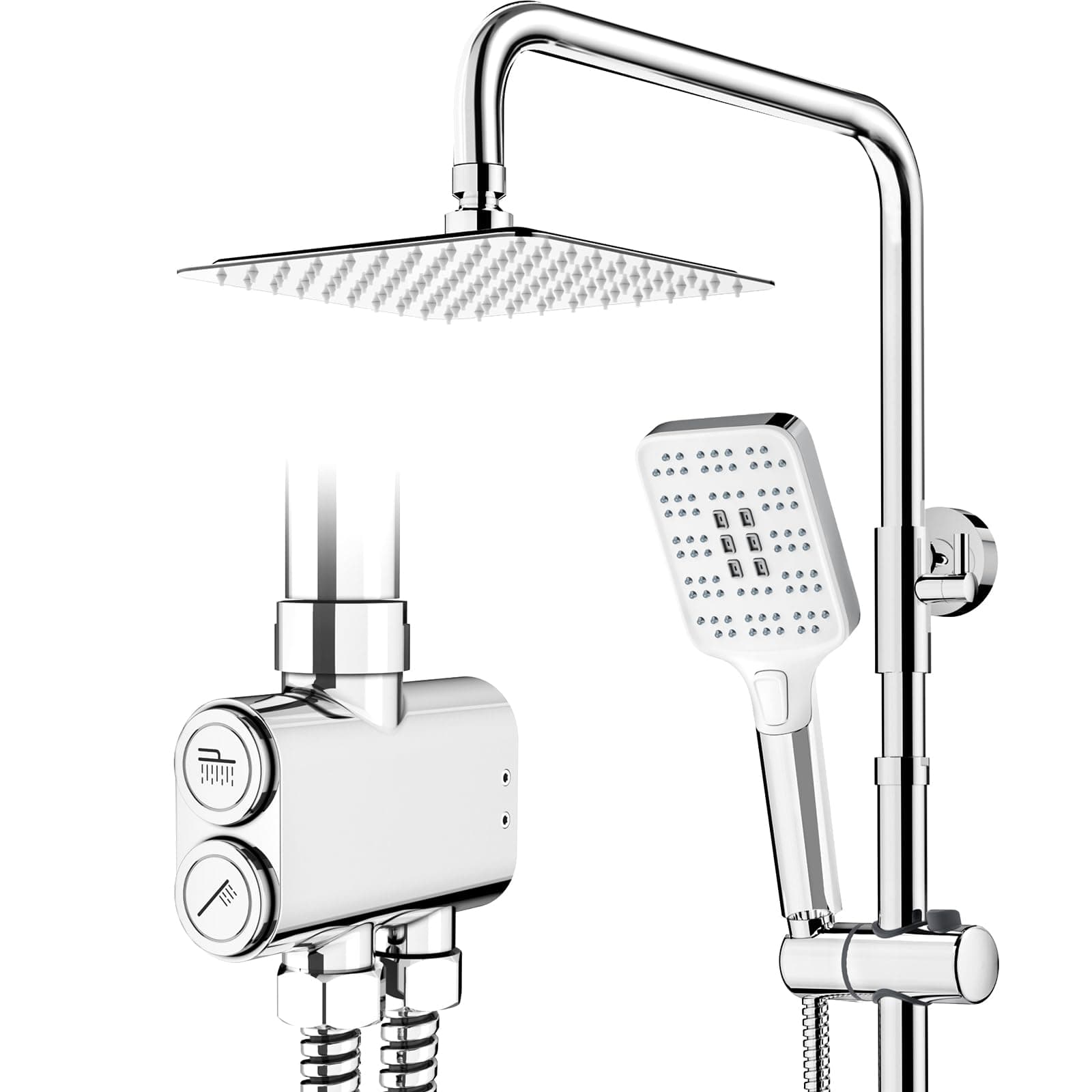 Rainsworth Regendusche ohne Armatur Chrome, 20 X 20 cm eckig Regendusche und 3 Strahlarten Duschkopf, Duschsystem, Duschsäule Duschset für Dusche 20*20cm Quadratisch Chrom