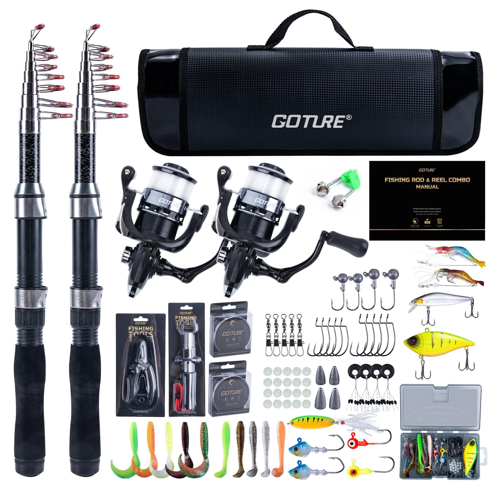 Goture Angelset mit 2 Teleskop-Angelruten,1,8m/2,1m/2,4m/2,7m I Angelrute Set Komplett 2 5.2:1 Spinnrolle, Angelwerkzeug-Set, Köderbox & Tragetasche – für Salz-/Süßwasser, Reisen–Angelgeschenk Rute & Rolle: Silber Schwarz 2,1M
