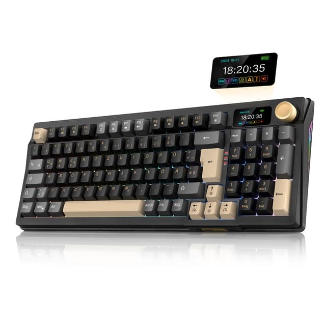 RedThunder K95 Kabellose Mechanische Gaming-Tastatur mit 1,88” Display & Knopf, QWERTZ 96 Tasten, Gasket, BT/USB-C/2,4GHz, Software, Hot-swap, Linear-Pink-Schalter, RGB, PBT-Tastenkappen, 8000mAh. Schwarz-Gold