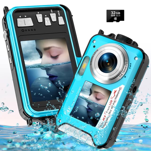 Unterwasserkamera, YISENCE UHD 4K 56MP Autofocus Digitalkamera wasserdichte mit Einer 32GB Karte Selfie Doppelte Bildschirme wasserdichte Kamera zum Schnorcheln UP020BLUE01