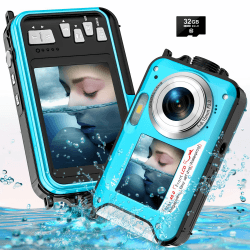 Unterwasserkamera, YISENCE UHD 4K 56MP Autofocus Digitalkamera wasserdichte mit Einer 32GB Karte Selfie Doppelte Bildschirme wasserdichte Kamera zum Schnorcheln UP020BLUE01 Angebot bei HelloDeals