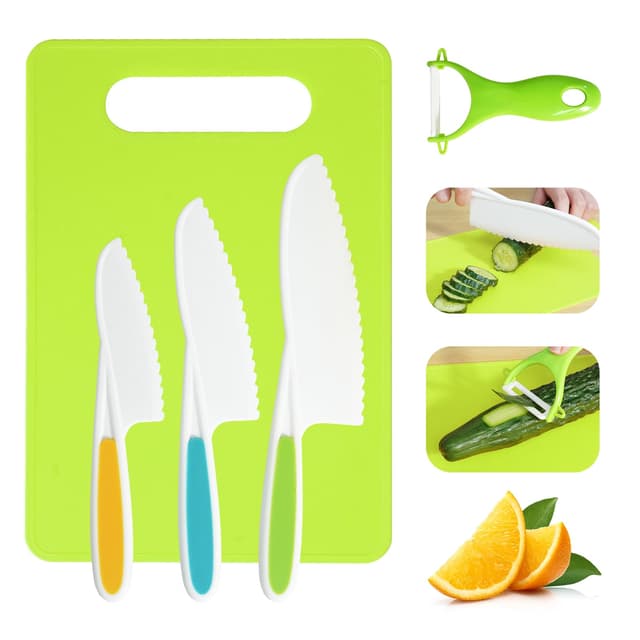 Kindermesser- 5 teiliges Kinder Sicherheit messer Set, Küchenmesser Set mit Gemüse Ausstechformen,Montessori Spielzeug Messer, Geburtstagsgeschenk für Kinder ab 1 2 3 4 5 6 Jahre