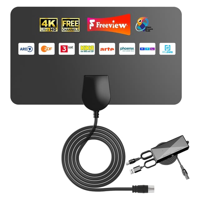 DVB-T2 Antenne mit Signalverstärker – Ultra-dünne Folienantenne für Innenbereich, 4K/HD Empfang, Wandmontage, USB-betrieben, 360° Reichweite bis 250 km, inkl. 5m Koaxialkabel Gray