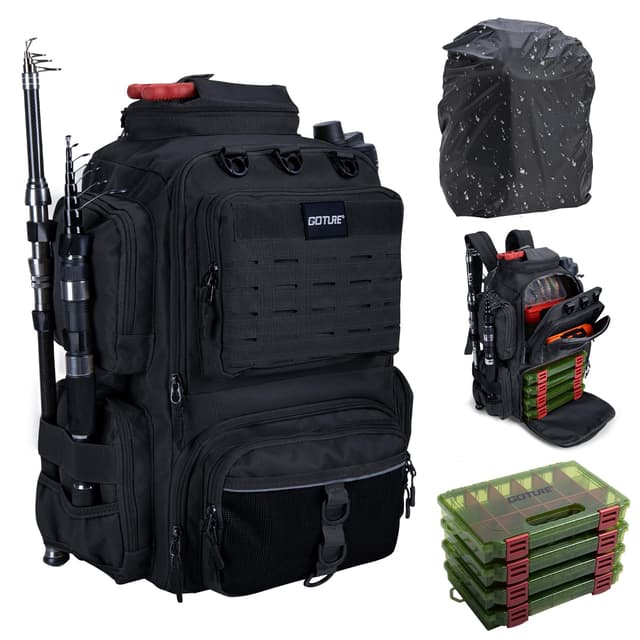 Goture Angelrucksack mit 4 Köderbox Angeln, 45-Liter Angelzubehör-Rucksack mit Zwei Rutenhaltern und Regenschutz, 900D Oxford-Gewebe Wasserabweisende Angelgerätetasche mit verstellbarem Fach