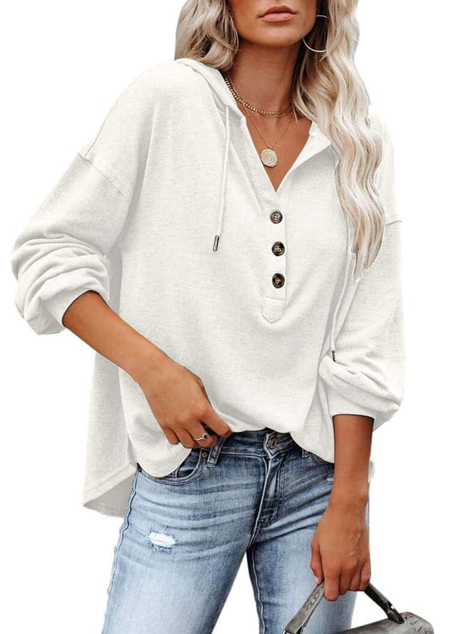 PLOKNRD Kapuzenpullover Damen Langarm Knöpfen Pullover mit Kordelzug Freizeit V-Ausschnitt Hooded Henley Sweatshirt Klassisch Cremeweiß L