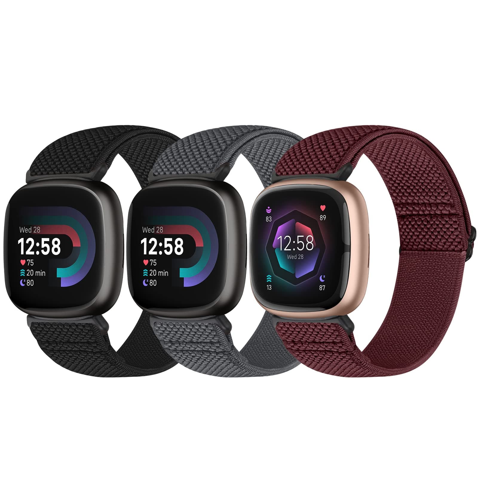 Bcuckood Elastisches Armband Kompatibel mit Fitbit Versa 4/Versa 3/Fitbit Sense 2/Sense für Damen Herren, Nylon Weich Verstellbar Dehnbar Solo Loop Ersatzriemen Uhrarmband Schwarz+Grau+Weinrot