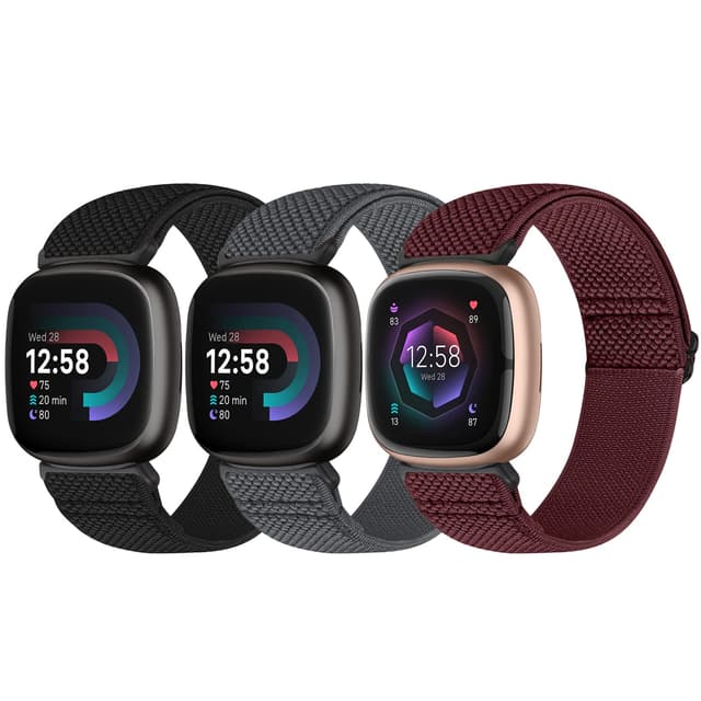 Bcuckood Elastisches Armband Kompatibel mit Fitbit Versa 4/Versa 3/Fitbit Sense 2/Sense für Damen Herren, Nylon Weich Verstellbar Dehnbar Solo Loop Ersatzriemen Uhrarmband Schwarz+Grau+Weinrot